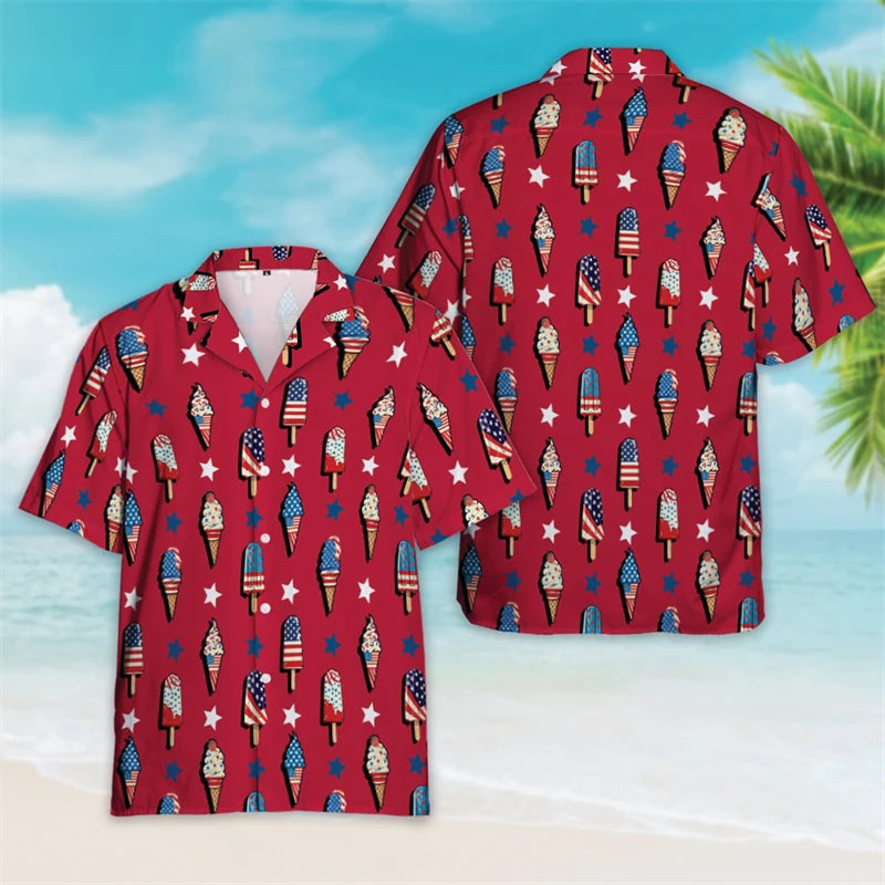 4th Of July Shirts For Men Clothes USA Flag Lapel Blouse Patriotic Hawaii Button Clothes American Independence Day Short Sleeve
