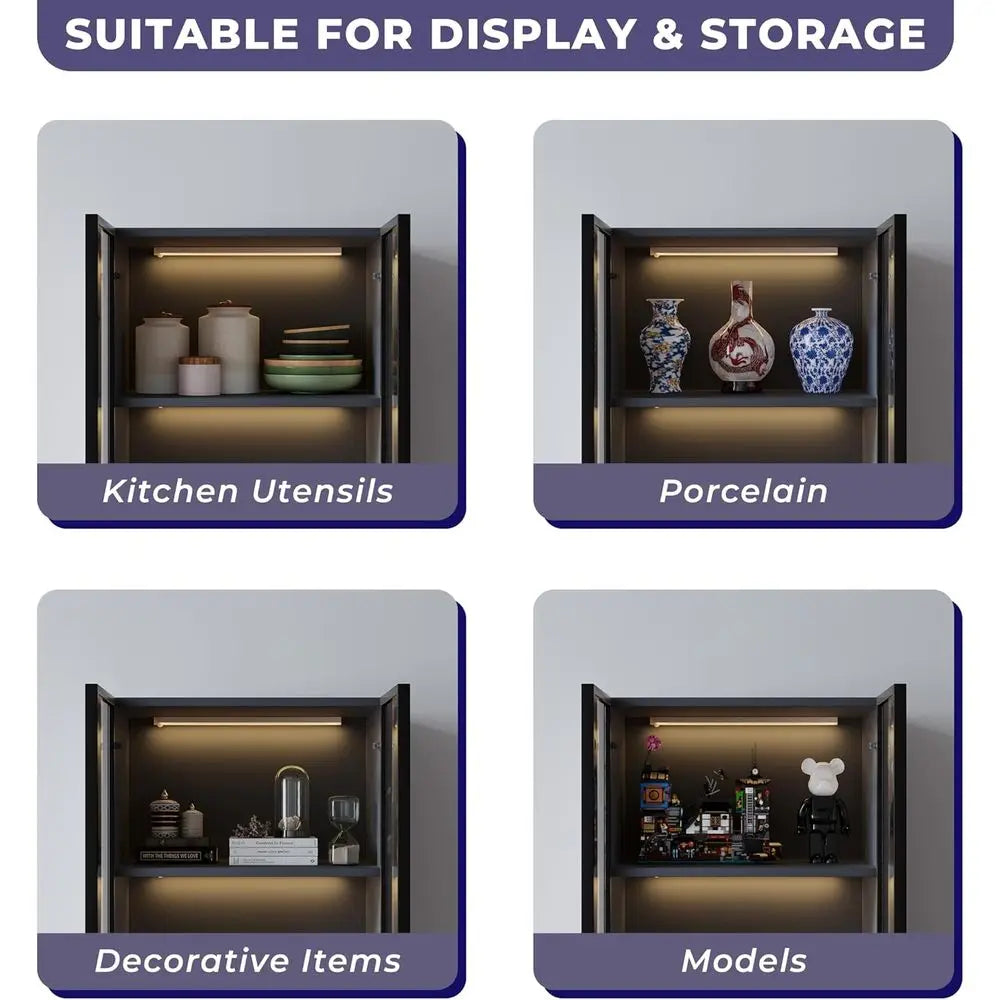 Illuminated Glass Display Cabinet with Two Drawers, 3-Tier Storage Hutch, Wooden Showcase for Dining Room and Kitchen