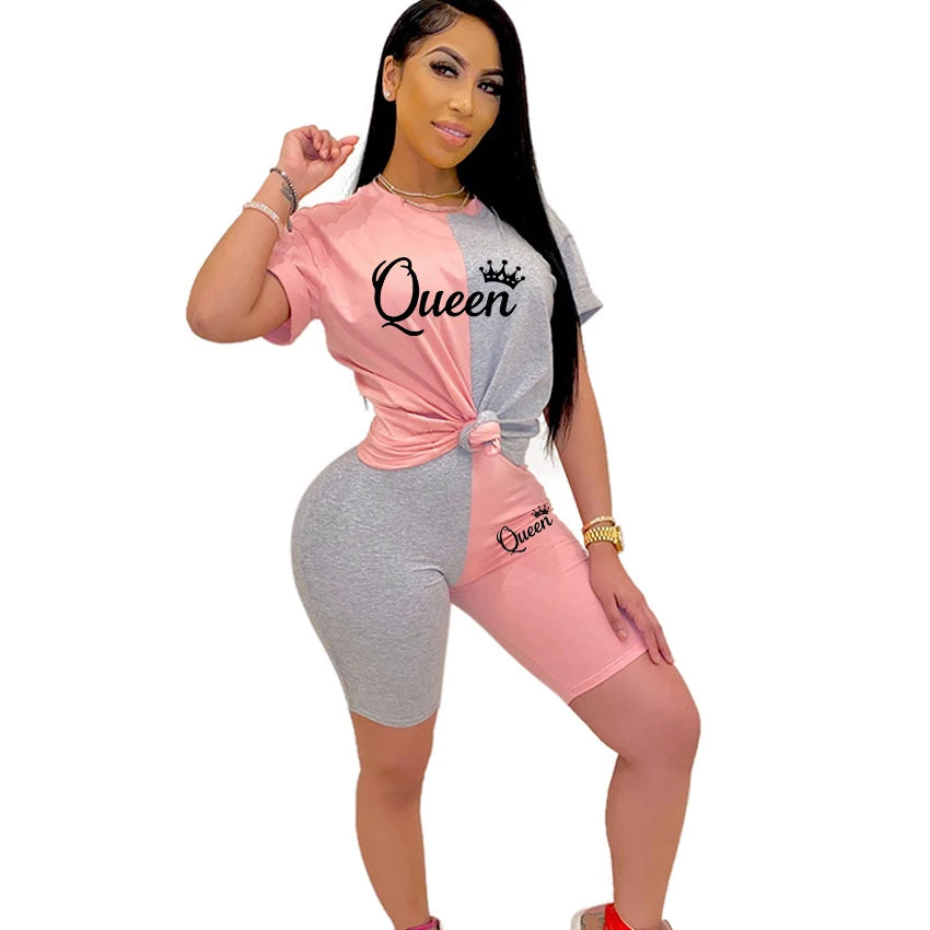 New Summer Fashion Women Stitching Queen Print Tracksuit 2 Piece Set Woman Sports Suit Summer Outfit