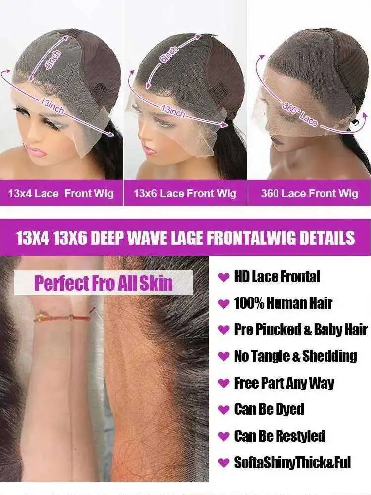 13x6 Glueless 250 Density Brazilian Deep Wave Curly HD Lace Frontal Human Hair Wig For Women Preplucked Best Hair Water Wig