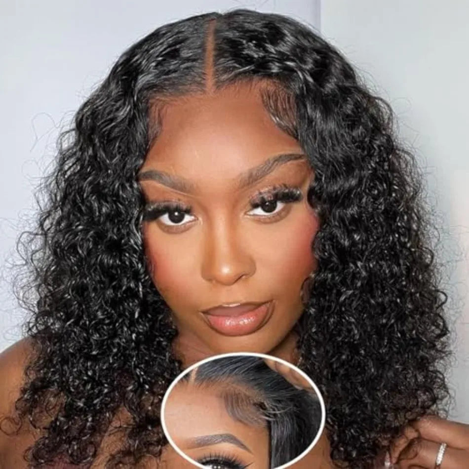 Deep Wave Lace Frontal Wigs 4x4 5x5 Glueless Wig Bob Wig Human Hair Pre Plucked HD Transparent Lace For Women Natural Black 16In