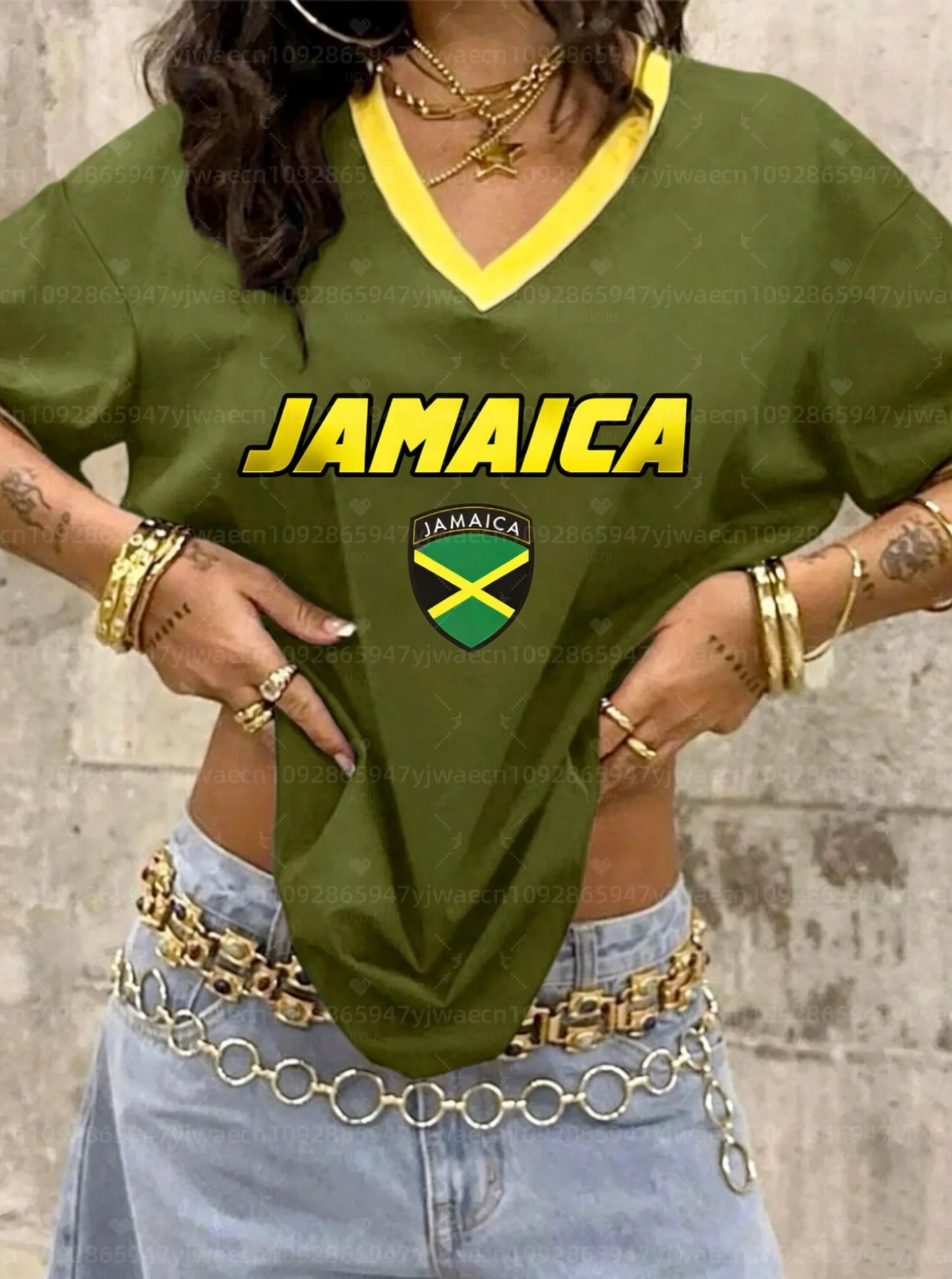 26 Women Summer Jamaican Flag Graphic Print V-Neck Short Sleeve T-Shirt Men Women Tops Retro Street Ladies Sport Plus Size Tops
