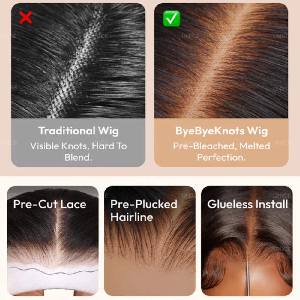 UNice Bye-Bye Knots™ 7x5 Lace Pre Layered Side Part Yaki Straight Wig Human Hair Glueless Wig Short Bob Wigs 150% Density
