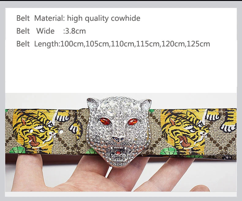 Western Tiger Print Leather Tiger Rhinestone Dragons Snake Alloy Buckle Jeans Causal Pants Men Belt