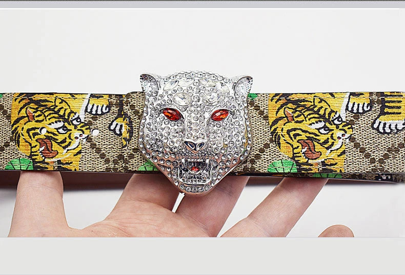 Western Tiger Print Leather Tiger Rhinestone Dragons Snake Alloy Buckle Jeans Causal Pants Men Belt
