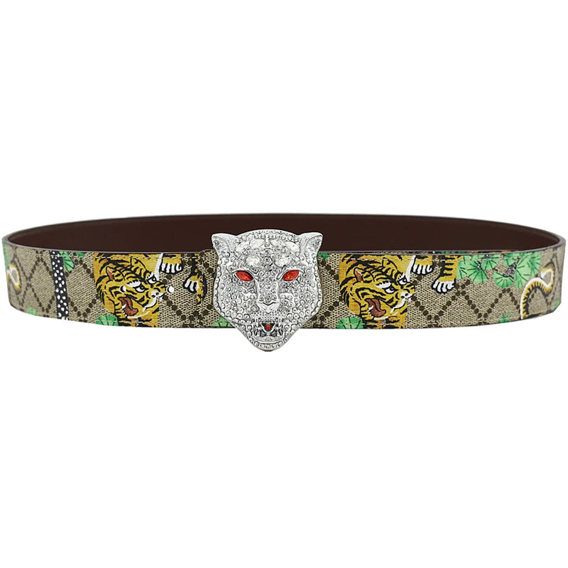 Western Tiger Print Leather Tiger Rhinestone Dragons Snake Alloy Buckle Jeans Causal Pants Men Belt