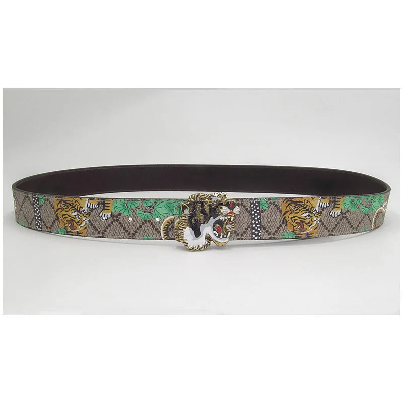 Western Tiger Print Leather Tiger Rhinestone Dragons Snake Alloy Buckle Jeans Causal Pants Men Belt