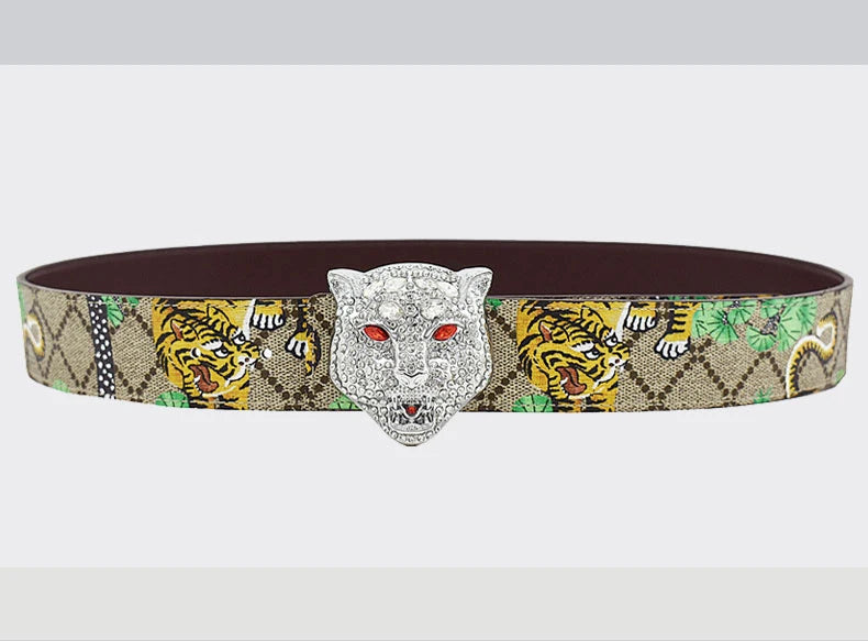 Western Tiger Print Leather Tiger Rhinestone Dragons Snake Alloy Buckle Jeans Causal Pants Men Belt
