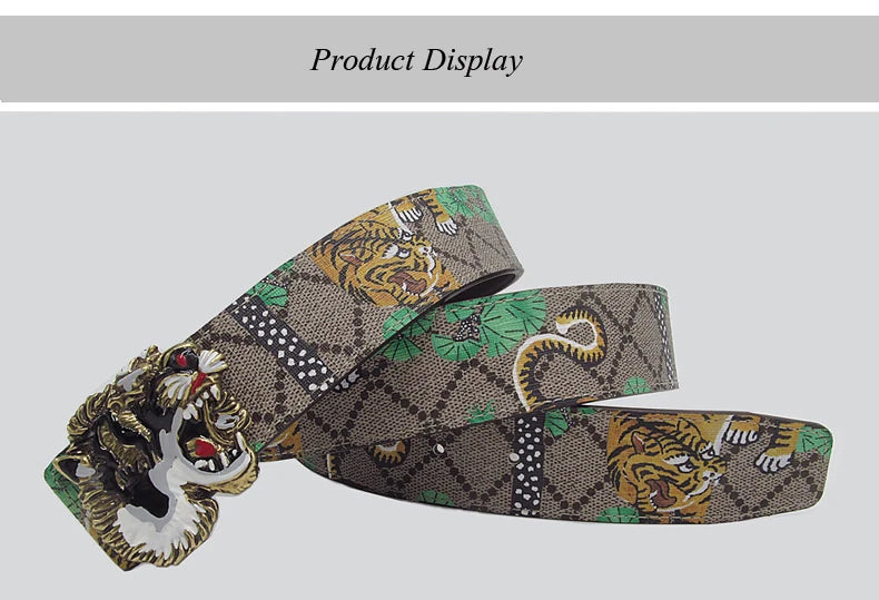 Western Tiger Print Leather Tiger Rhinestone Dragons Snake Alloy Buckle Jeans Causal Pants Men Belt
