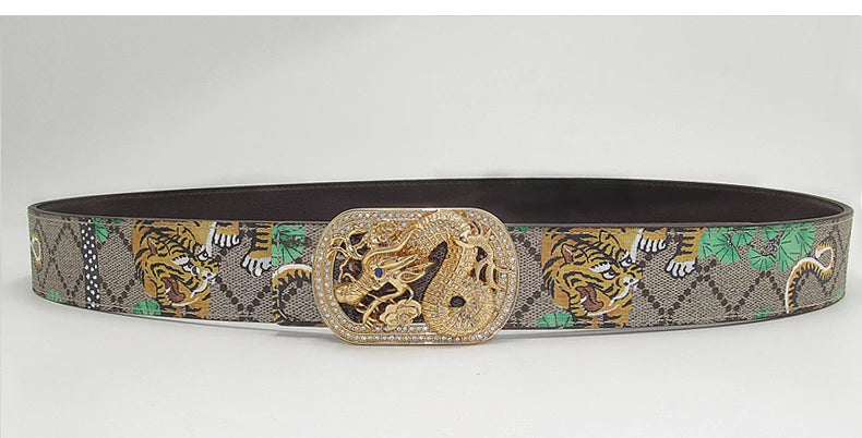Western Tiger Print Leather Tiger Rhinestone Dragons Snake Alloy Buckle Jeans Causal Pants Men Belt