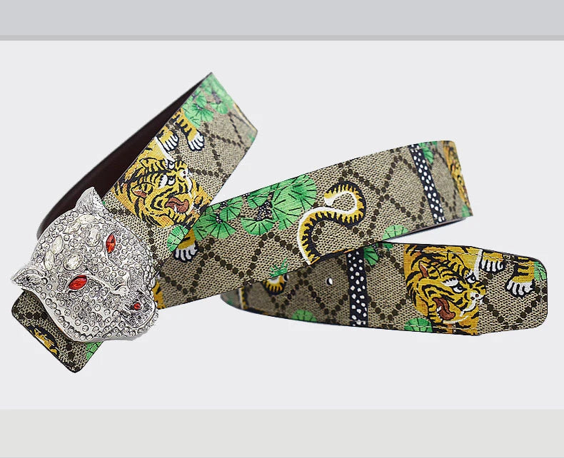 Western Tiger Print Leather Tiger Rhinestone Dragons Snake Alloy Buckle Jeans Causal Pants Men Belt