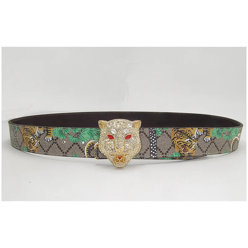 Western Tiger Print Leather Tiger Rhinestone Dragons Snake Alloy Buckle Jeans Causal Pants Men Belt