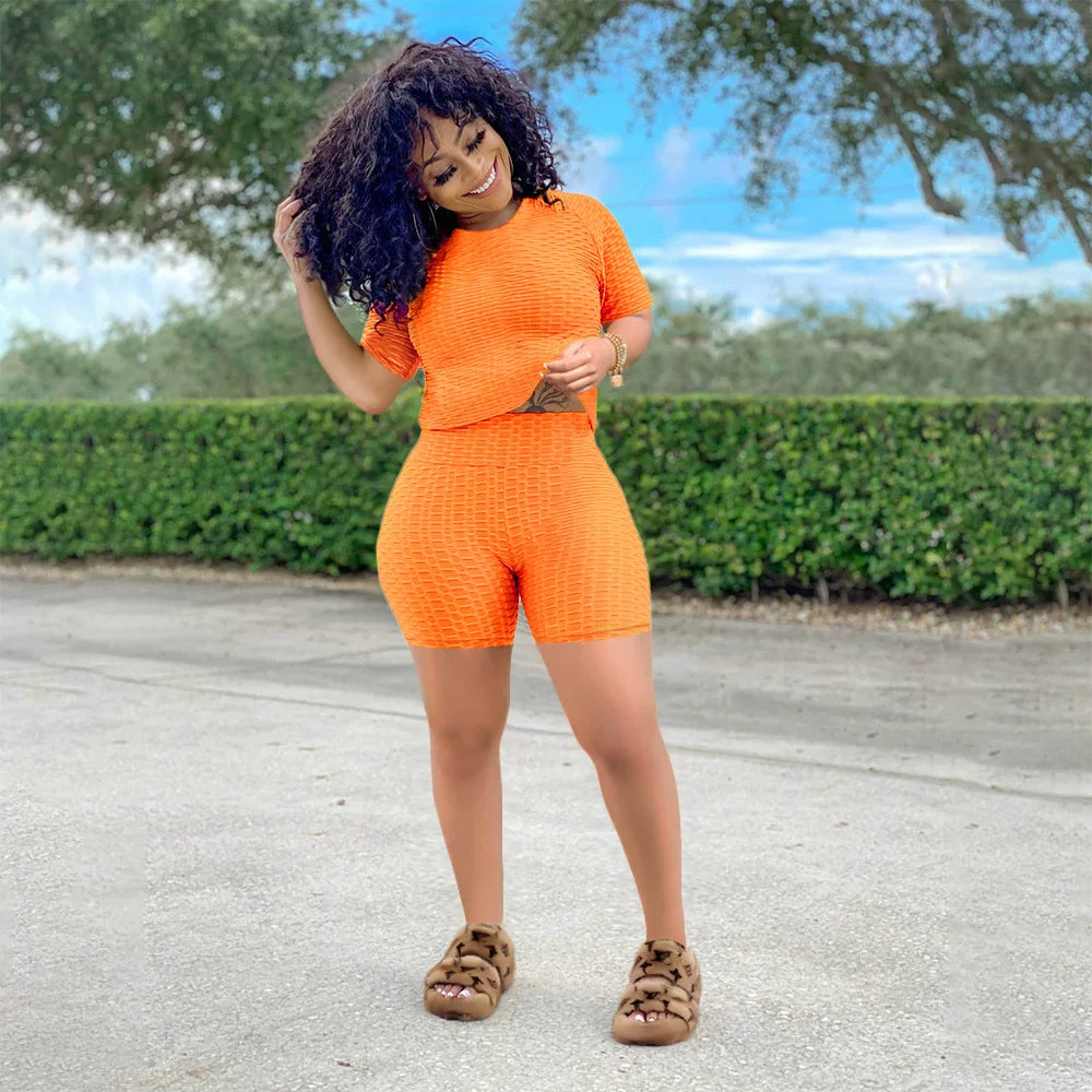 2024 New Summer Round-neck Solid Color Short-sleeved Two-piece Yoga Shorts Women's Sports Suit