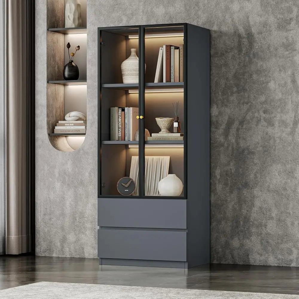 Illuminated Glass Display Cabinet with Two Drawers, 3-Tier Storage Hutch, Wooden Showcase for Dining Room and Kitchen