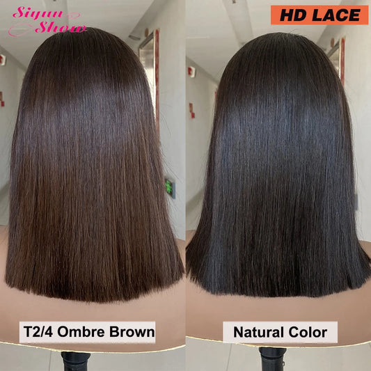 Bone Straight HD Lace Frontal Wig Raw Vietnamese Hair Double Drawn Short Bob Human Hair Wigs For Women Pre Plucked Ombre Brown