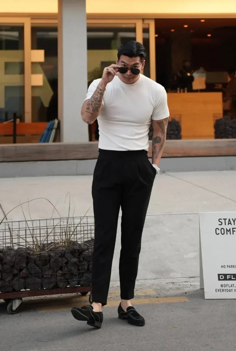 2025 new Fashion Fitness Training T-shirt Men's Summer Sports Leisure Round Neck Elastic Short Sleeve Vertical Stripe T-shirt