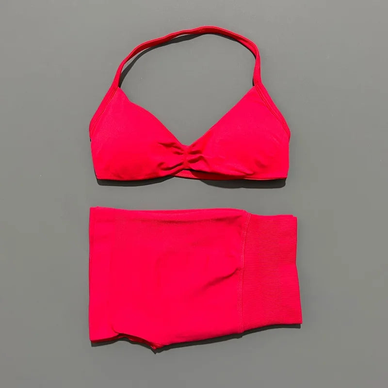 2 Piece Sports Yoga Set Sportswear Woman Gym Strappy Bra And Shorts Activewear Pilates Clothes Sports Workout Fitness Suit