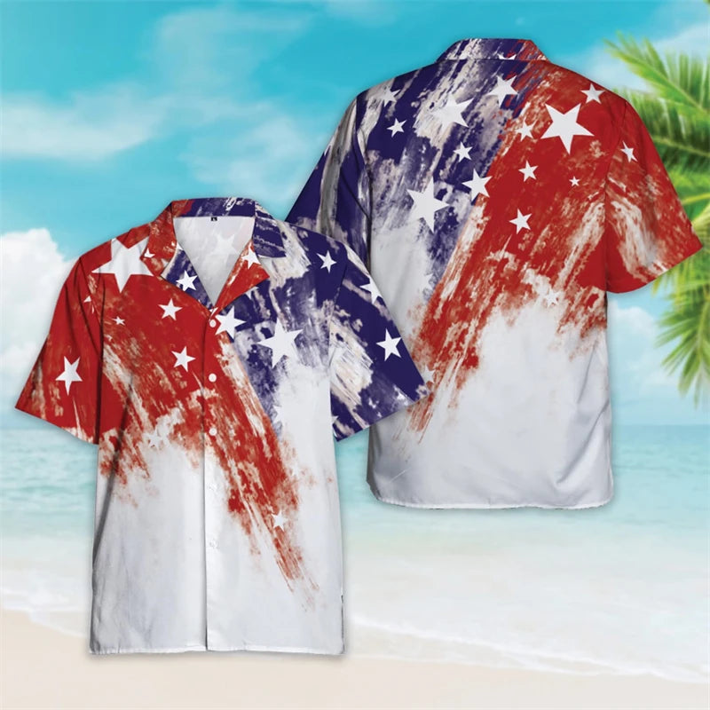 4th Of July Shirts For Men Clothes USA Flag Lapel Blouse Patriotic Hawaii Button Clothes  American Independence Day Short Sleeve