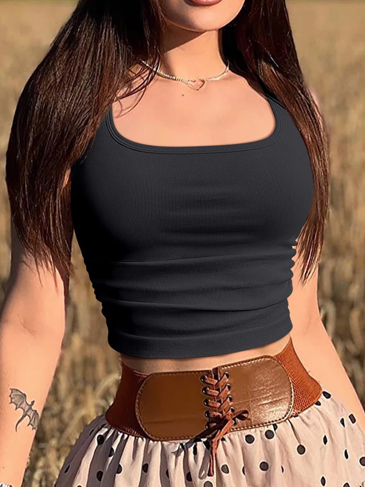 Women U Neck Ribbed Tank Top Summer Basic Elastic Solid Color Top Sexy Sleeveless Casual Sports Yoga Women's Vest
