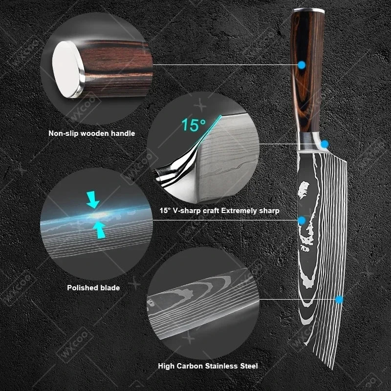WXCOO Chef Knife Japanese Kitchen Knives Set Professional Laser Damascus Pattern Stainless Steel Meat Cleaver Slicer Knife
