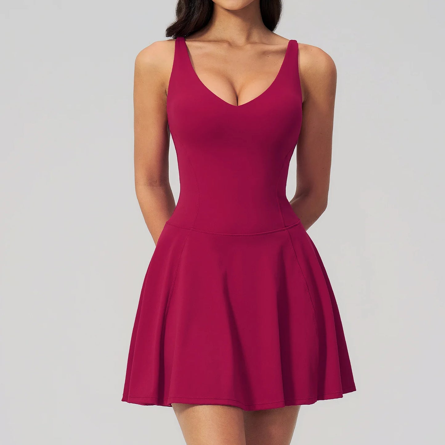 Yoga Bodysuit Women Fitness Jumpsuit Sexy Sport with Side Pockets Workout One-Piece Dance Ballet Sport Dress Female Tennis Skirt