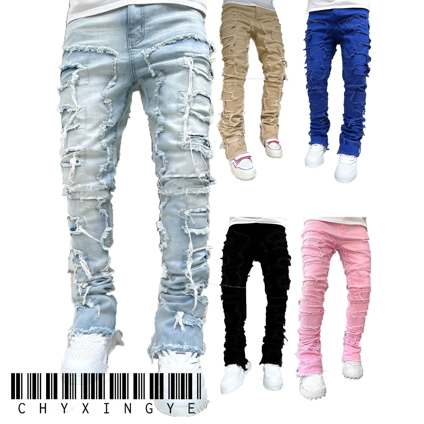 New Men's Fashion Jeans Work Pants, European and American Fashion Workwear Elastic Patchwork Denim Layered Flared Pants S-XXL