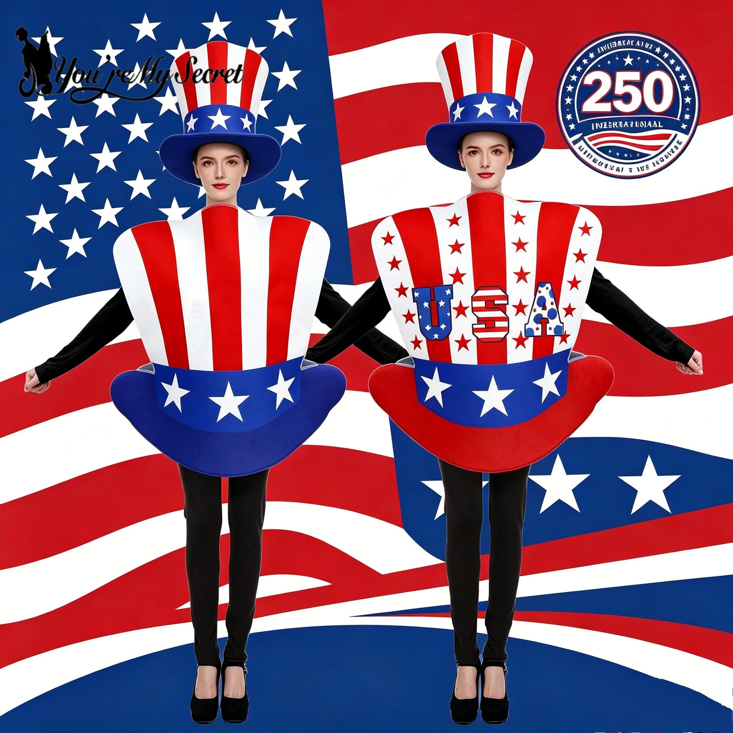 [You're My Secret] Uncle Sam Hat Shaped Costume USA Stars Stripes Funny Novelty Outfit 4th of July Printed Patriotic Dress Up