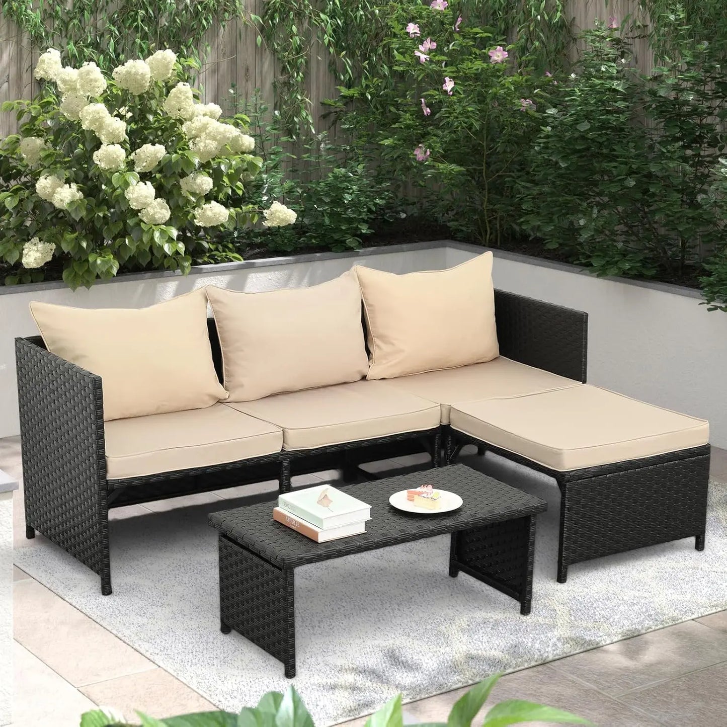 3-Piece Outdoor PE Rattan Furniture Set Patio Black Wicker Conversation Loveseat Sofa Sectional Couch Khaki Cushion, Customized