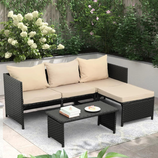 3-Piece Outdoor PE Rattan Furniture Set Patio Black Wicker Conversation Loveseat Sofa Sectional Couch Khaki Cushion, Customized