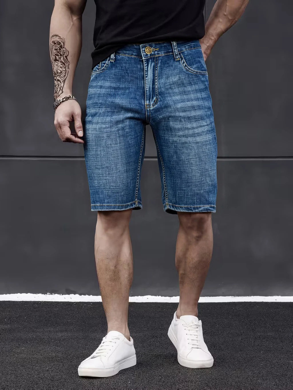 Wthinlee New Business Men's Jeans Casual Straight Stretch Fashion Classic Blue Black Men's Summer Denim Shorts Knee-Length