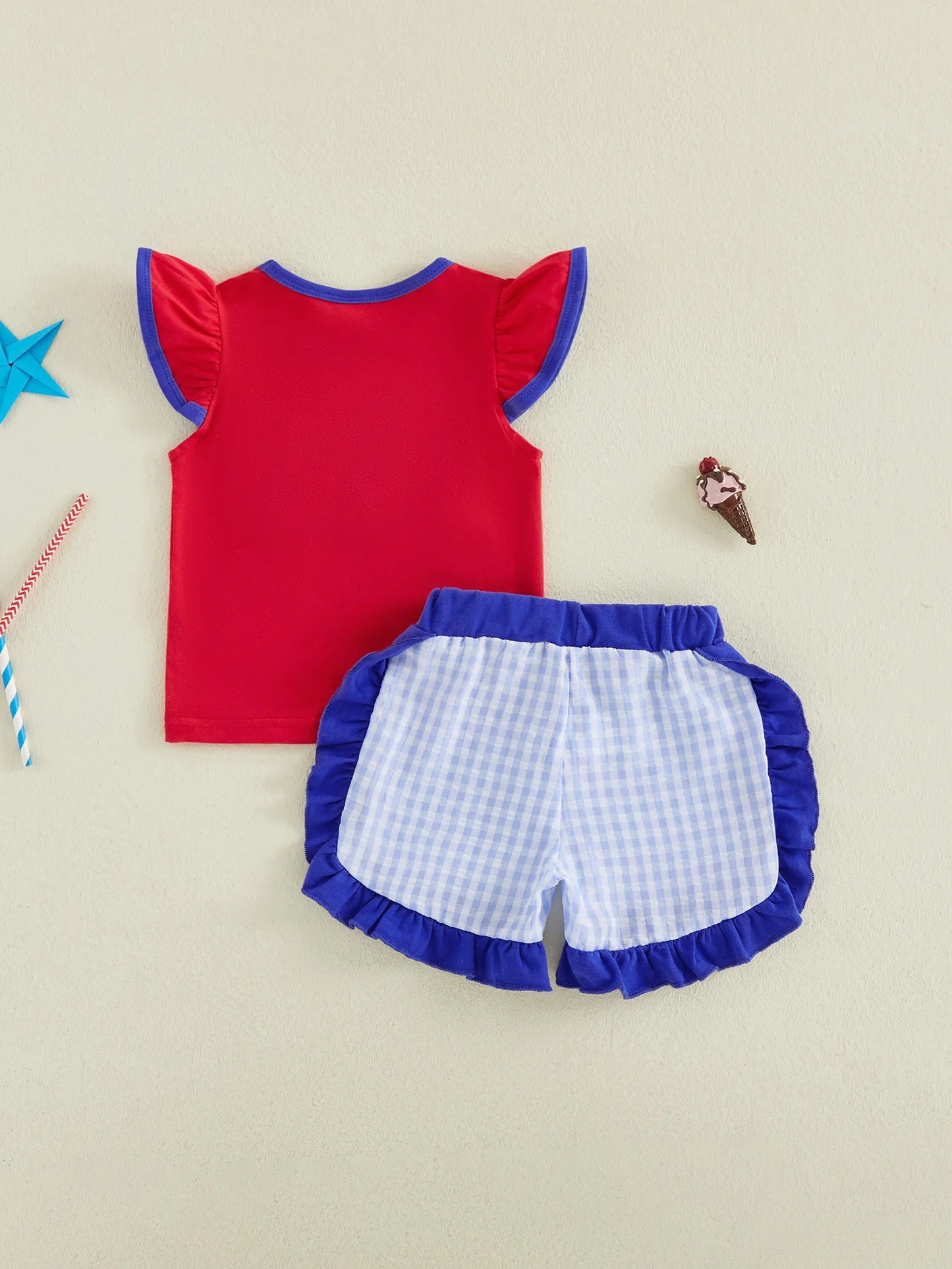Toddler Girl 4th of July Outfits Ruffle Sleeve American Flag Print Tops Denim Shorts Set Kids Independence Day Clothes