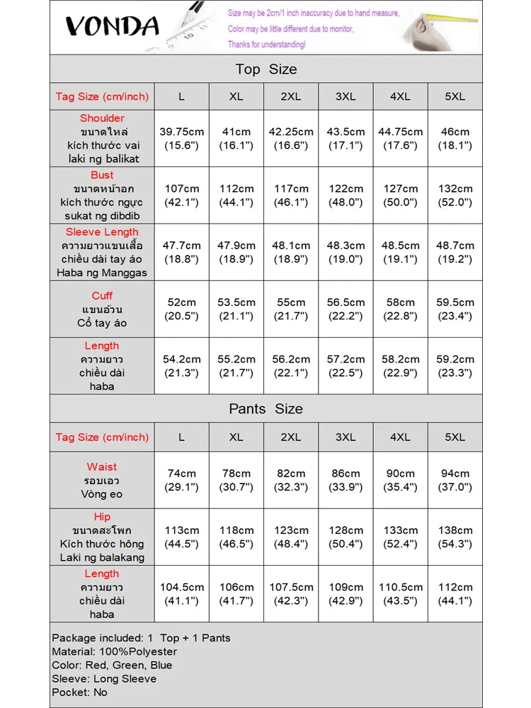 5XL VONDA Plus Size 2 Piece Outfits Autumn Women Bohemian 3/4 Sleeve Fashion Shirts Wide Leg Pants Print Vintage Pant Sets 2PCS