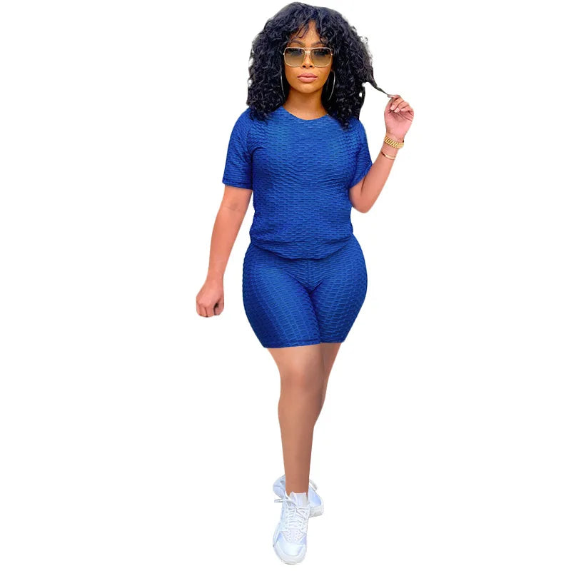 2024 New Summer Round-neck Solid Color Short-sleeved Two-piece Yoga Shorts Women's Sports Suit