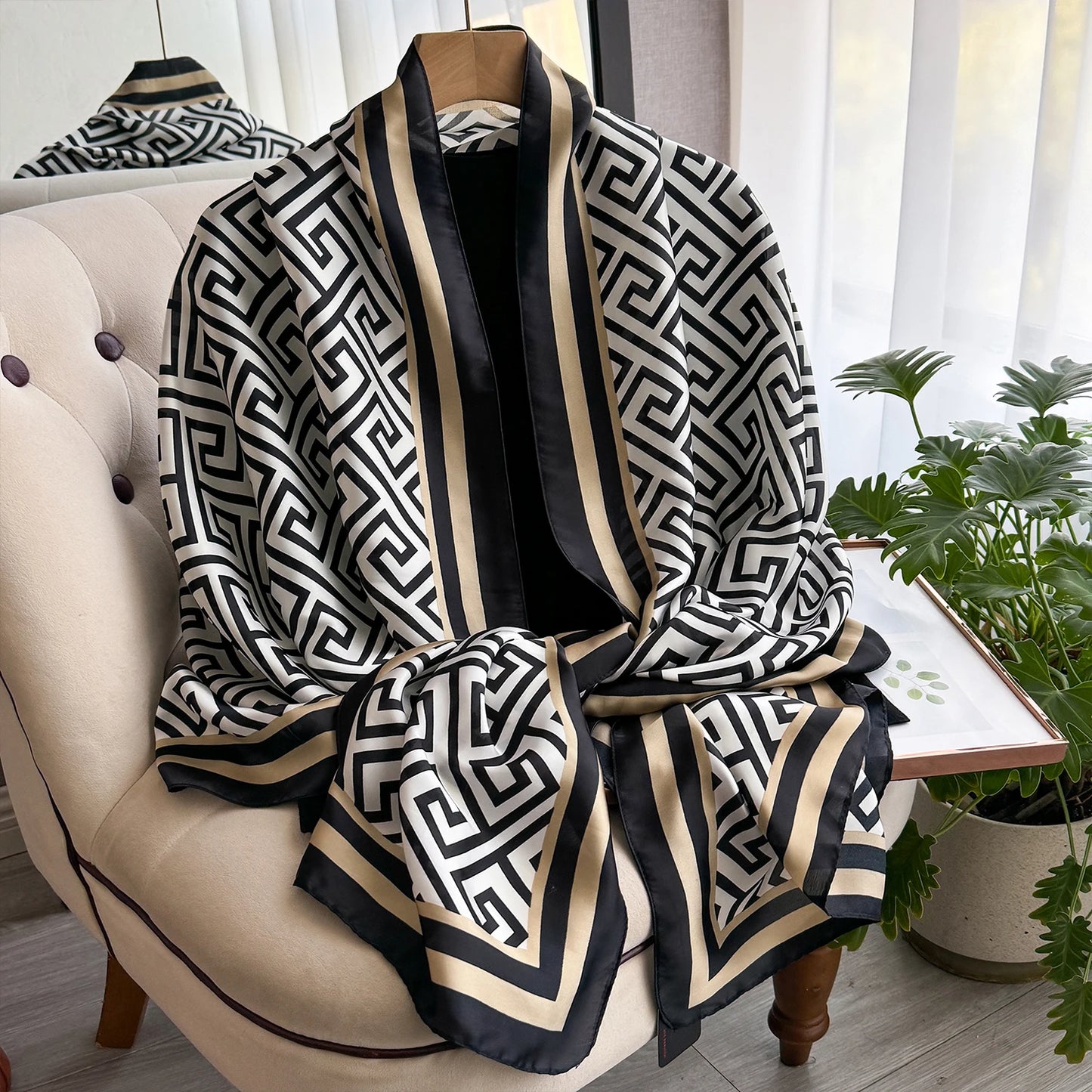 New Geometry Design Large Silk Soft Scarf Women Stylish Print Long Shawl Handkerchief Summer Sun protection Elegant Travel Wrap
