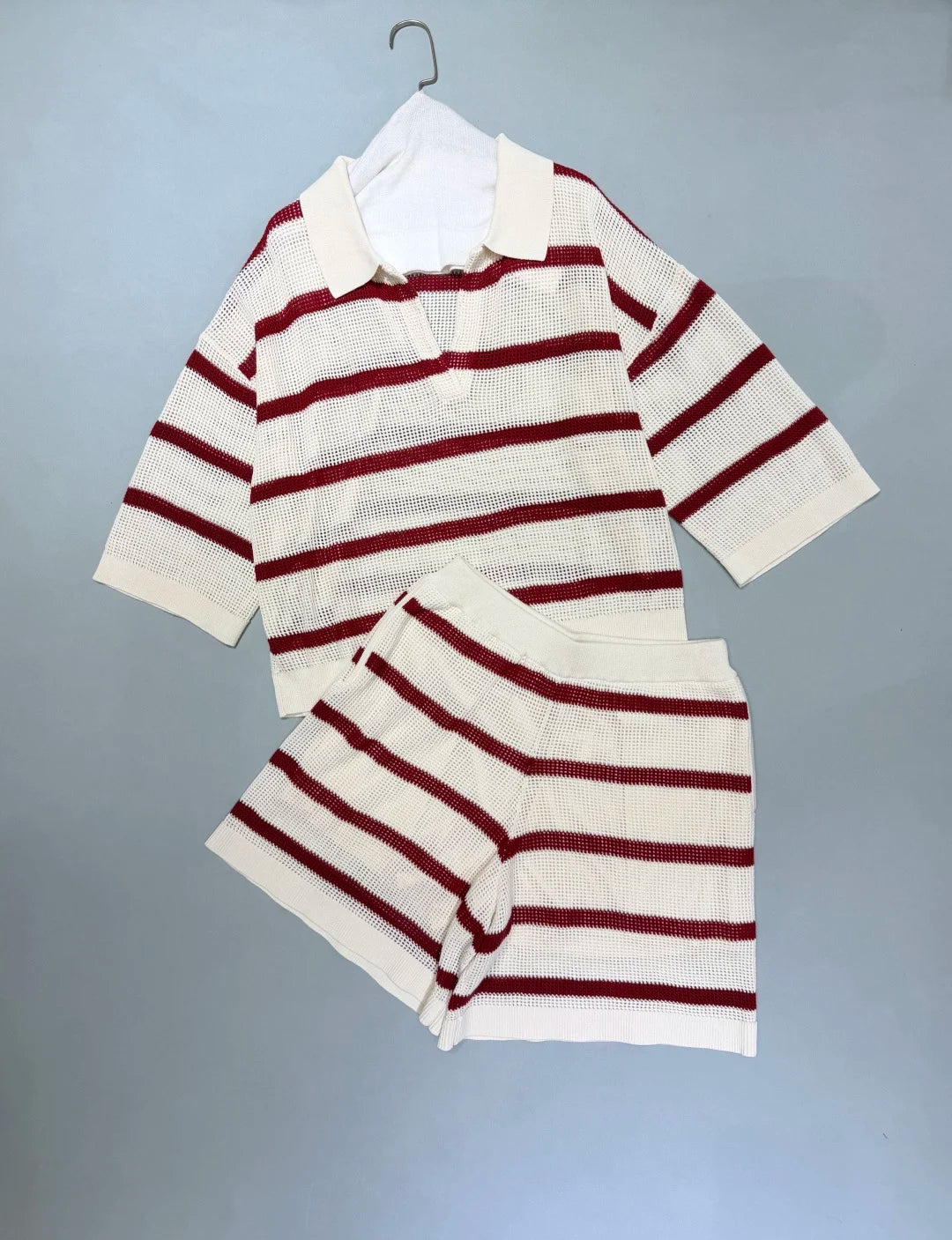 2026 Summer Women's Casual Striped Two-Piece Knit Set — Loose-Fit, Versatile Outfit featuring a Collared, Open-Work Design
