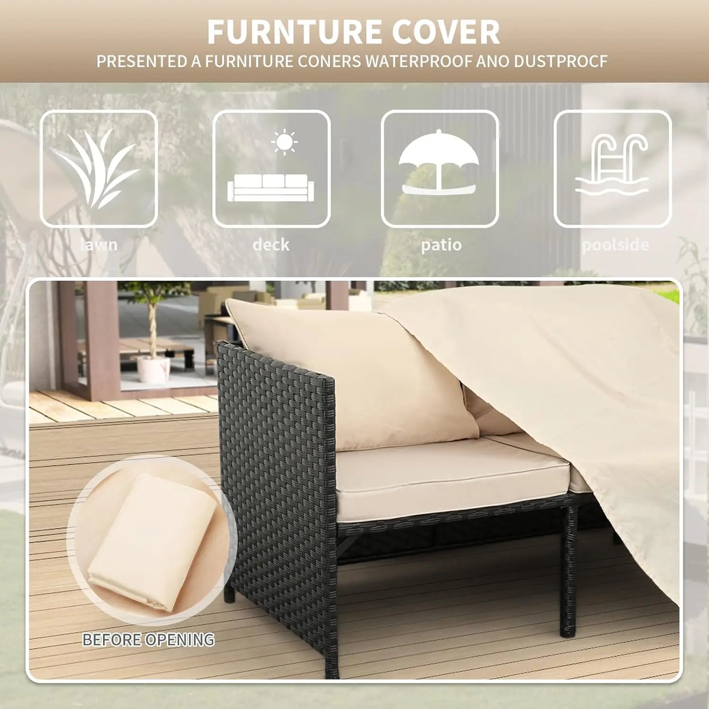 3-Piece Outdoor PE Rattan Furniture Set Patio Black Wicker Conversation Loveseat Sofa Sectional Couch Khaki Cushion, Customized