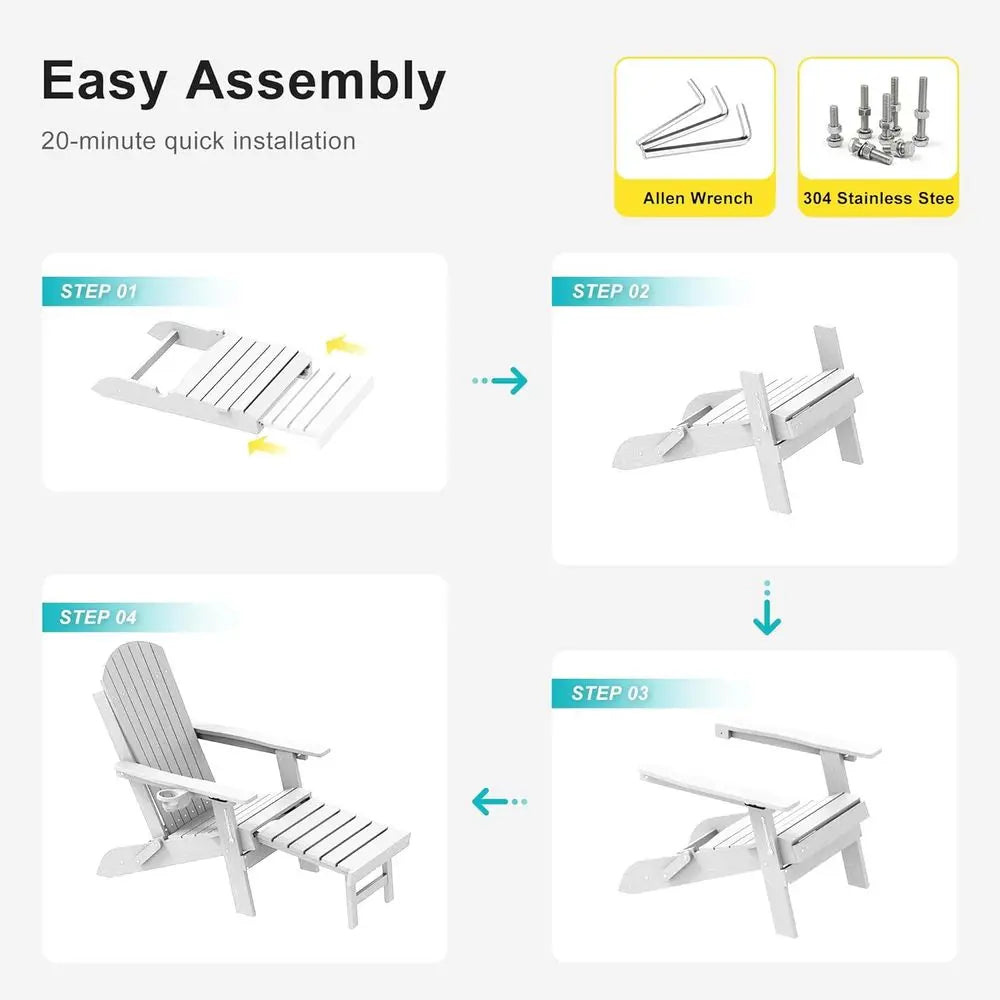 3-Position Adjustable Folding Adirondack Chair Set with Retractable Ottoman, Weather-Resistant Patio Furniture for 2, Including