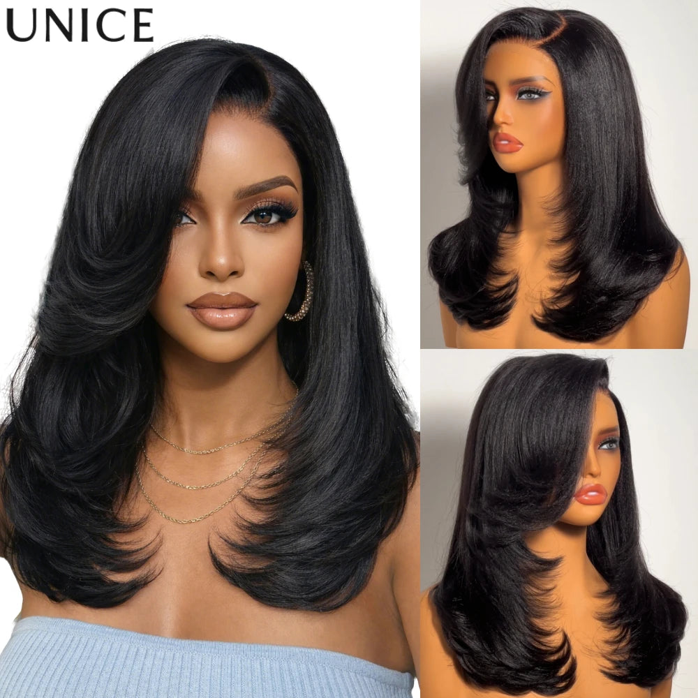 UNice Bye-Bye Knots™ 7x5 Lace Pre Layered Side Part Yaki Straight Wig Human Hair Glueless Wig Short Bob Wigs 150% Density