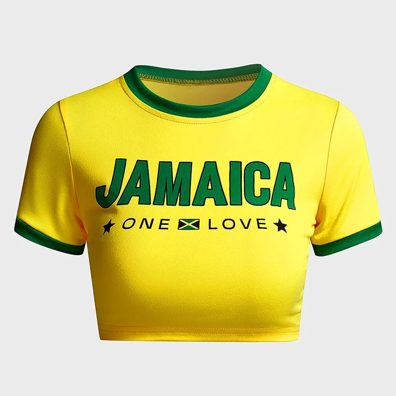 O-Neck Short Sleeve Slim Baby Tees Y2K Grunge Casual Crop Tops Jamaica Letter Printed Streetwear Gothic Women's T-shirts Summer