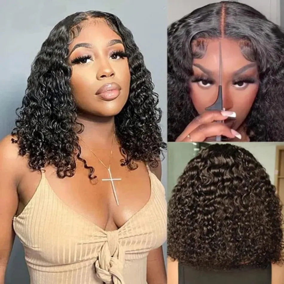 Deep Wave Lace Frontal Wigs 4x4 5x5 Glueless Wig Bob Wig Human Hair Pre Plucked HD Transparent Lace For Women Natural Black 16In