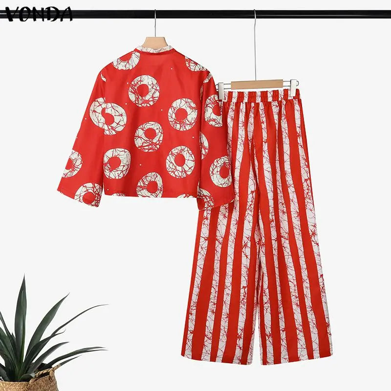 5XL VONDA Plus Size 2 Piece Outfits Autumn Women Bohemian 3/4 Sleeve Fashion Shirts Wide Leg Pants Print Vintage Pant Sets 2PCS