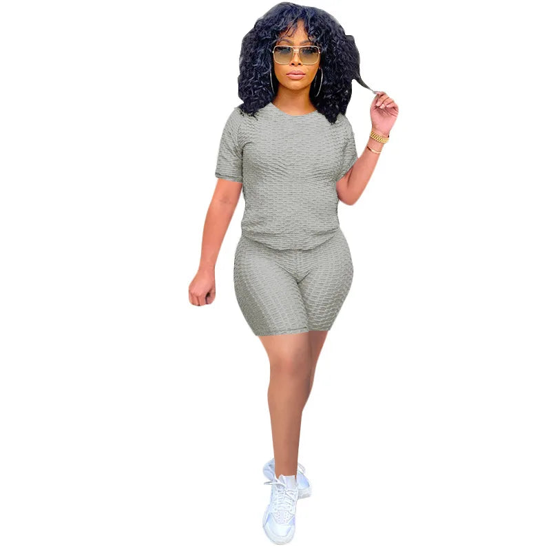 2024 New Summer Round-neck Solid Color Short-sleeved Two-piece Yoga Shorts Women's Sports Suit
