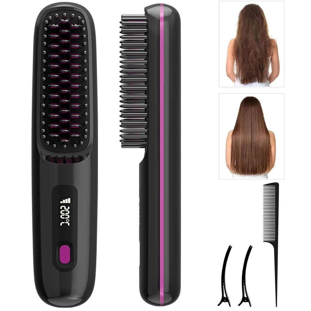 Hair Straightener Brush with 3 Temp Settings, Fast Heating & Auto-off, Portable Rechargeable Ionic Straightening Comb for Women