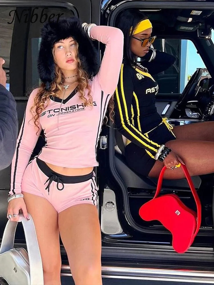 Nibber Women Tracksuit 2 Piece Set Stroke Tight Hipster Letter Print Sporty Casual Crop Tops+Shorts Vitality Matching Outfits