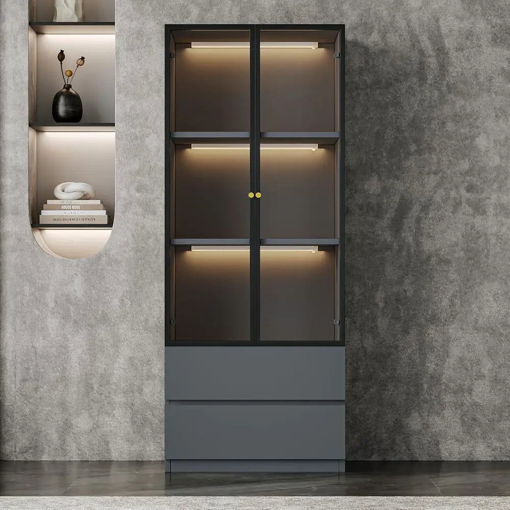 Illuminated Glass Display Cabinet with Two Drawers, 3-Tier Storage Hutch, Wooden Showcase for Dining Room and Kitchen