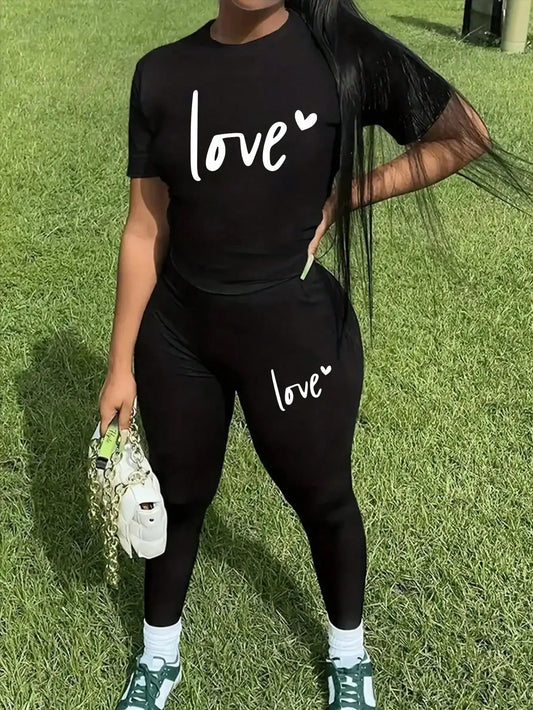 Spring and summer casual two-piece set, expressing love, round neck short sleeved T-shirt and pants set, women's clothing