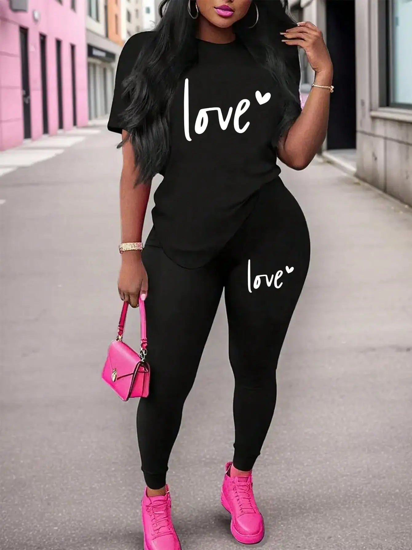 Spring and summer casual two-piece set, expressing love, round neck short sleeved T-shirt and pants set, women's clothing