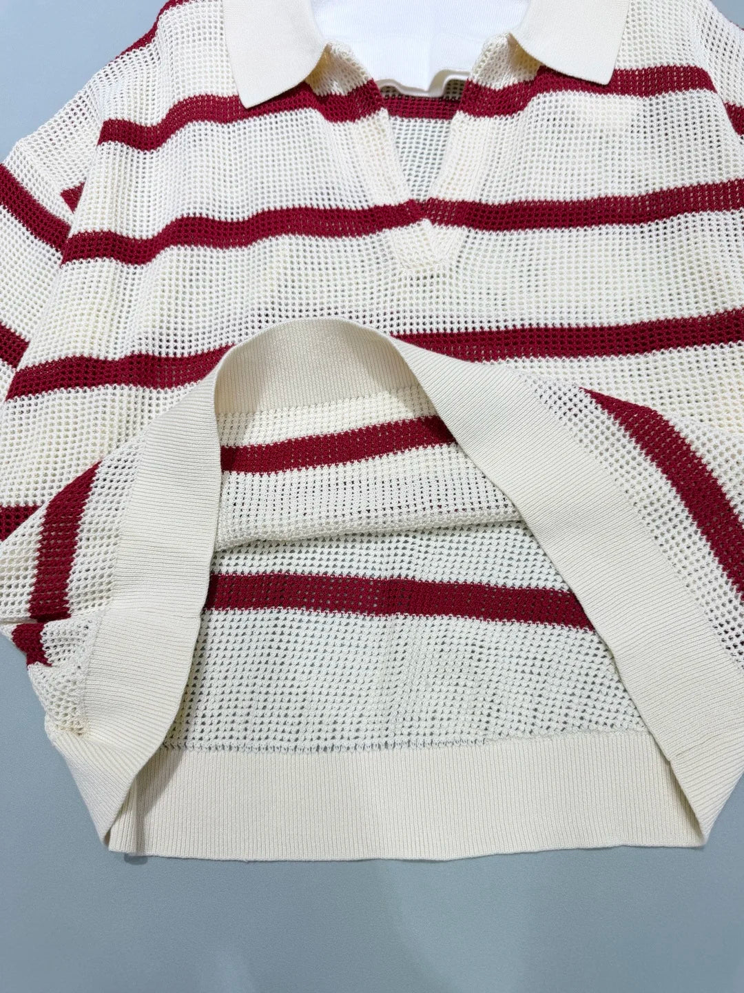 2026 Summer Women's Casual Striped Two-Piece Knit Set — Loose-Fit, Versatile Outfit featuring a Collared, Open-Work Design