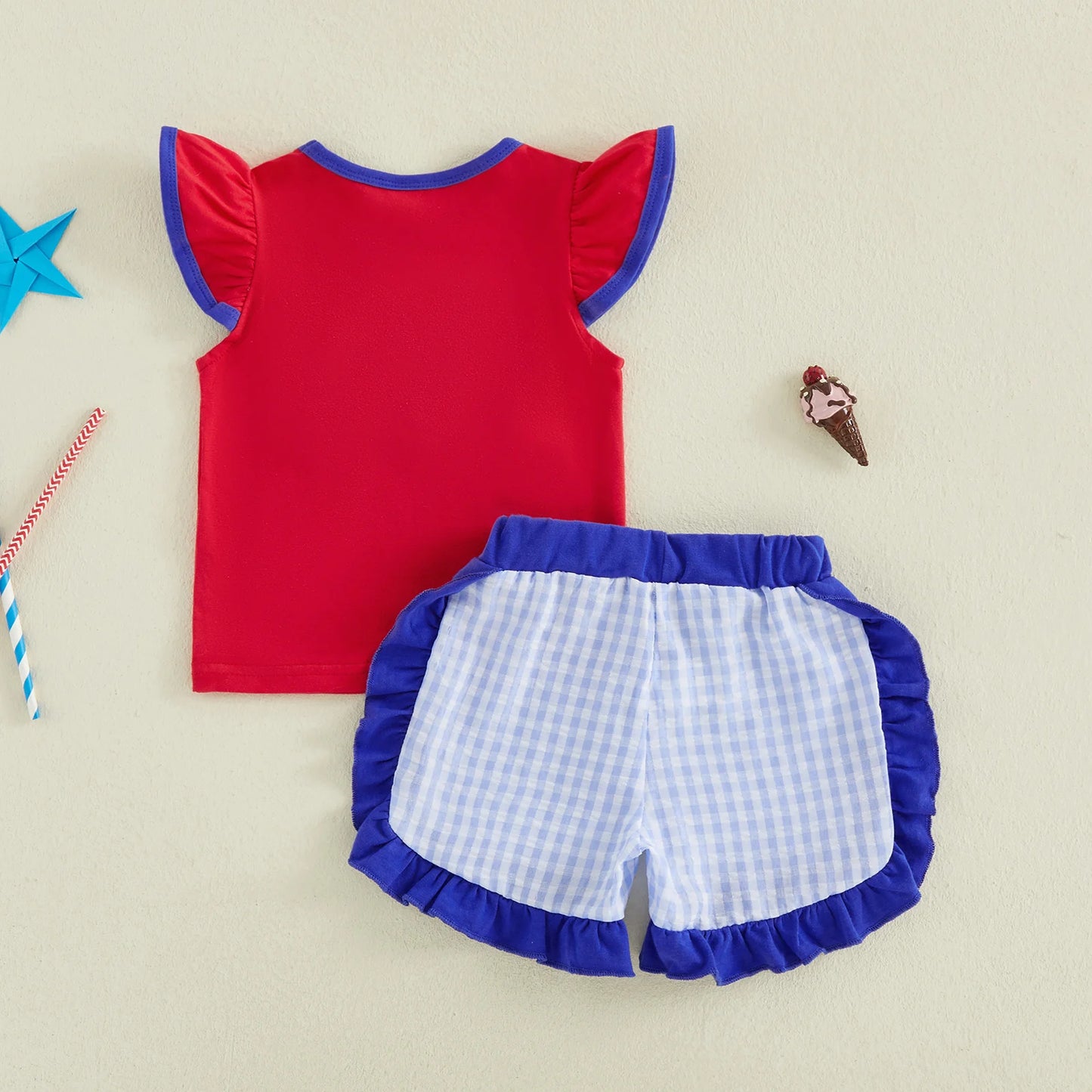 Toddler Girl 4th of July Outfits Ruffle Sleeve American Flag Print Tops Denim Shorts Set Kids Independence Day Clothes