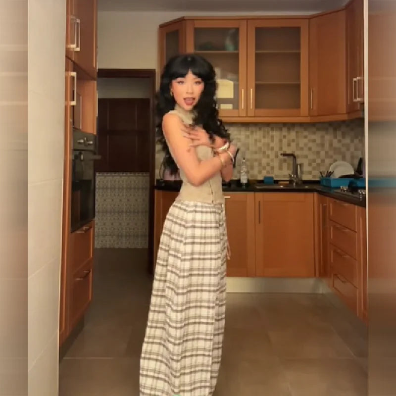 Two-Piece Set For Women Fashion High Neck Double Breasted Sleeveless Blouse Plaid Wide Leg Pants Suit Lady's Casual Outfit